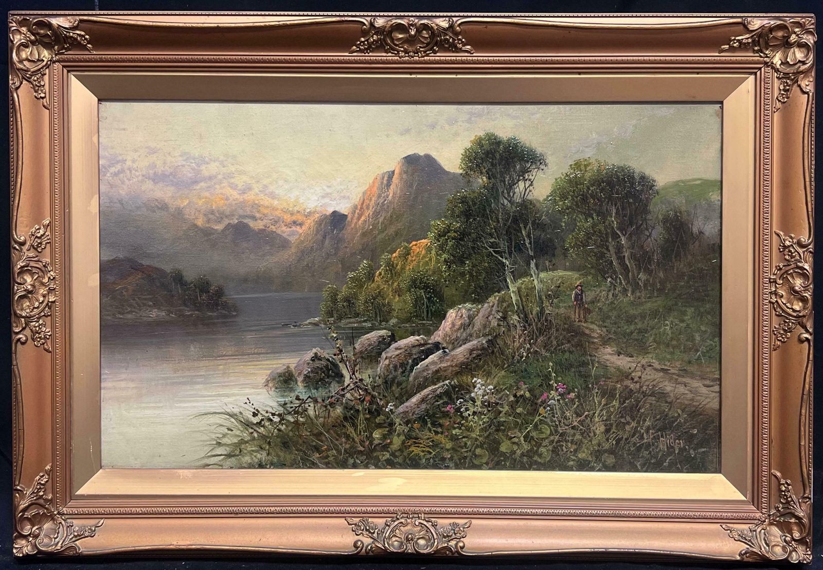 Frank Hider (C. 1861–1933)summers Evening In The Scottish Highlands Antique Oil Painting Sunset Loch View19th Century