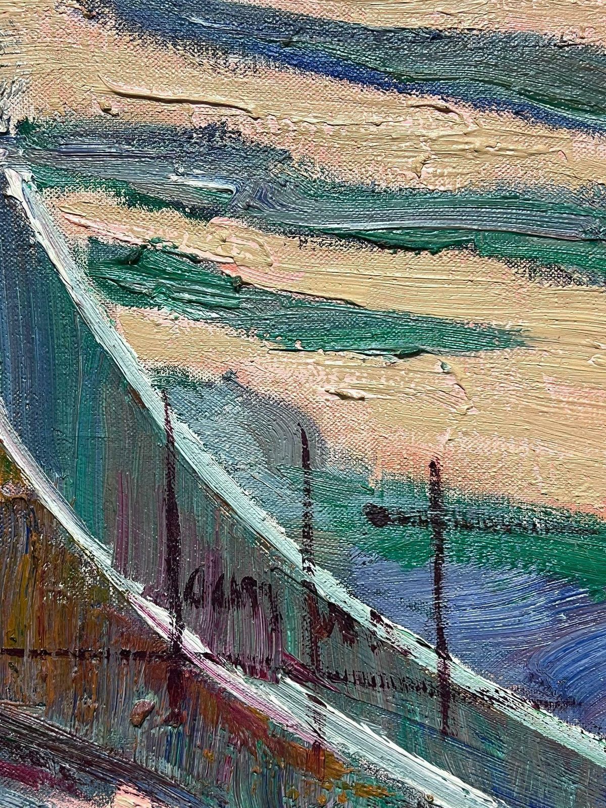 Spanish Artisthuge Spanish Modernist Oil Painting Fisherfolk Drying Nets On The Shore Signed photo for sale