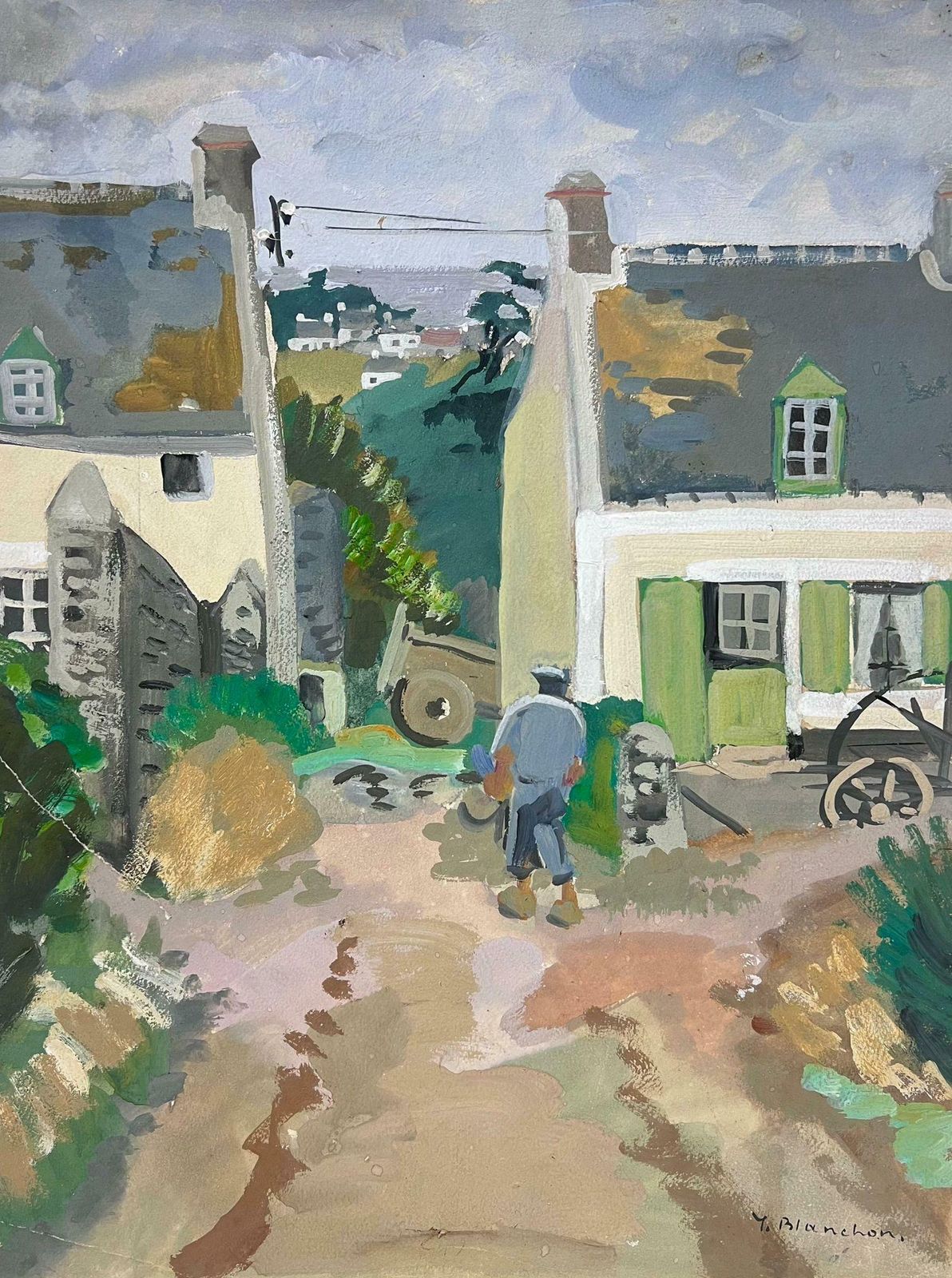Y. Blanchongrey Figure Walking Through French Courtyard 1930's Impressionist1930's
