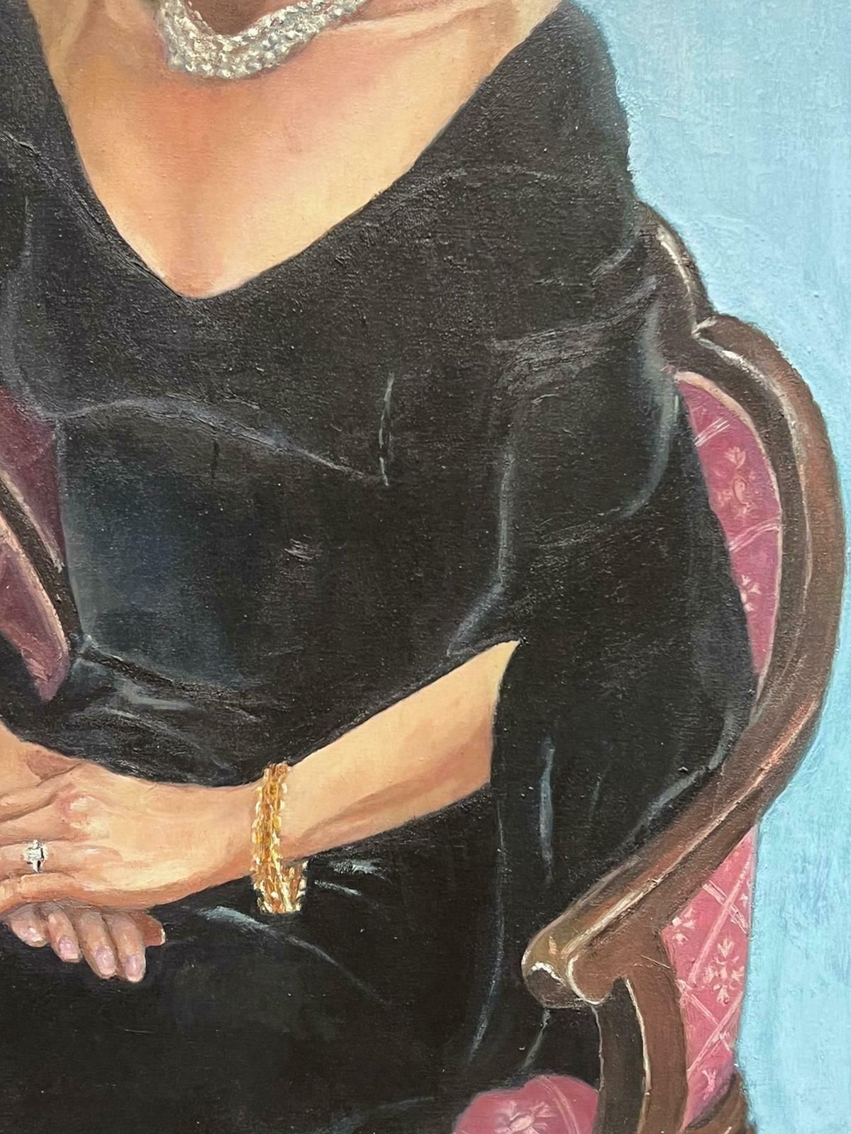 20th Century British Schoollarge 1970's British Oil Painting Portrait Of Seated Lady Black Dress Pearl Neck photo Art