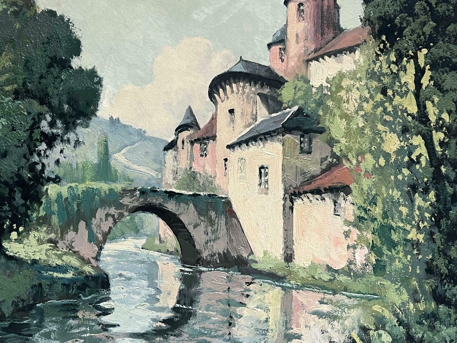 Félix Raoul Eteve French, 1902 1967 Old Chateau Castle Next To Bridge Green Landscape Original French Oil Painting photo furniture