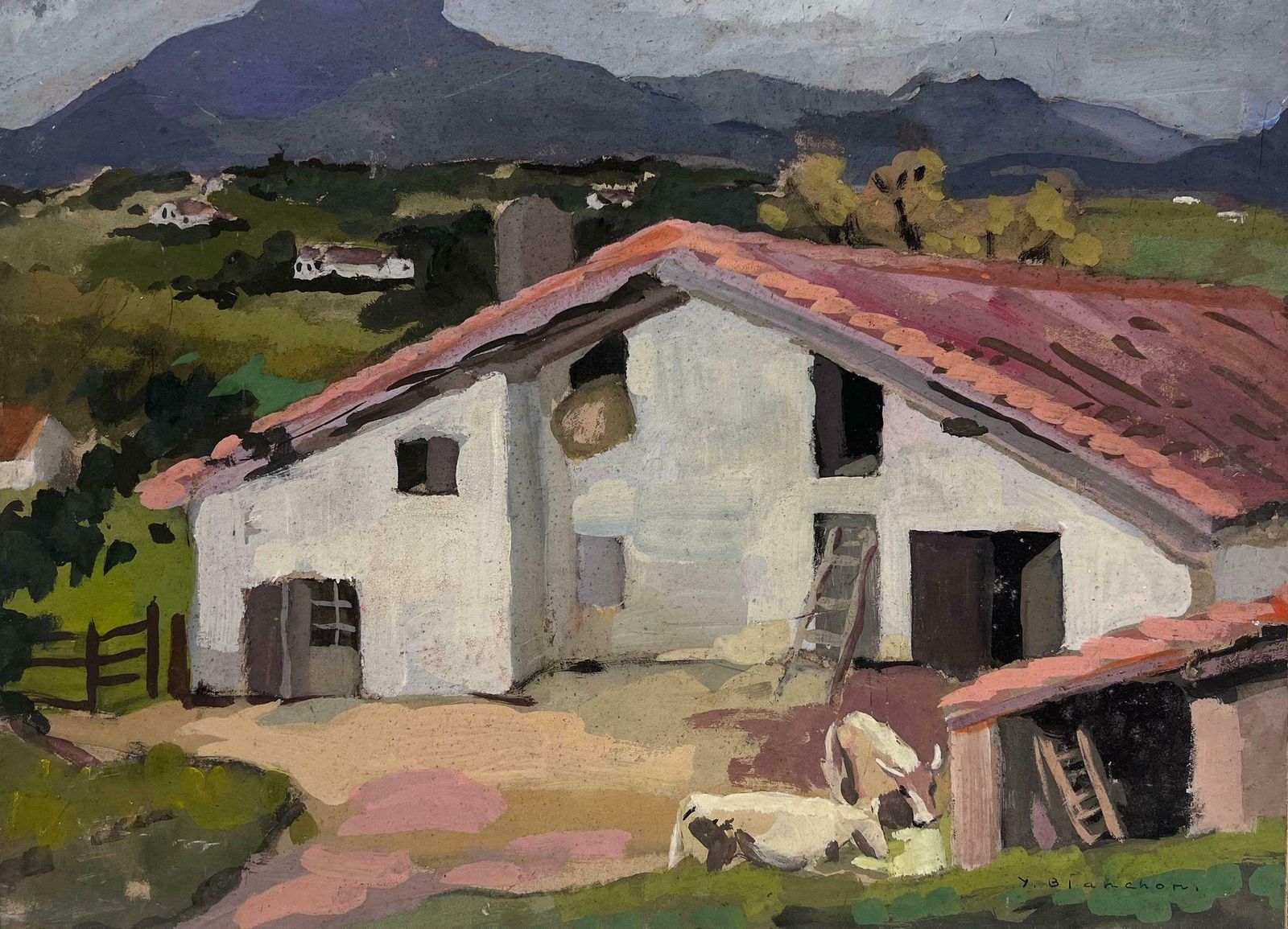 Y. Blanchonred Roof Farm Barn Yard Gouache 1930's French Impressionist1930's