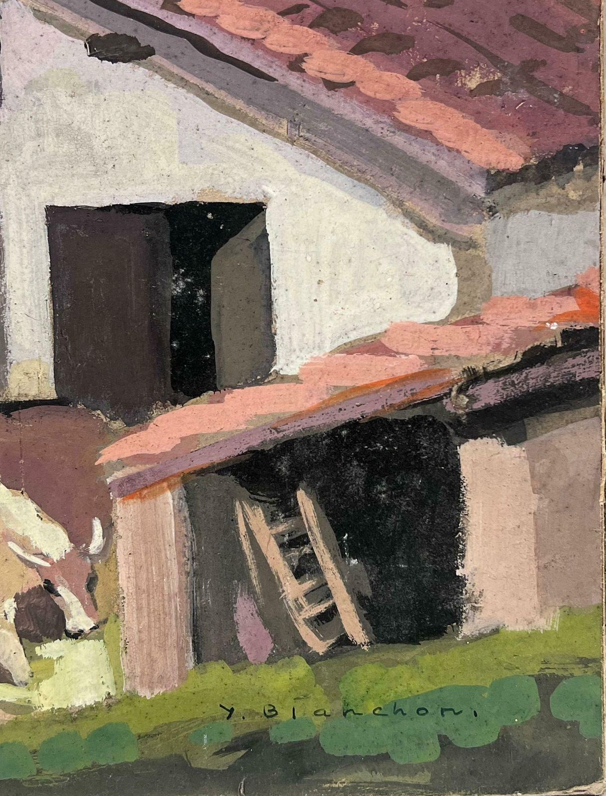 Y. Blanchonred Roof Farm Barn Yard Gouache 1930's French Impressionist1930's photo for sale