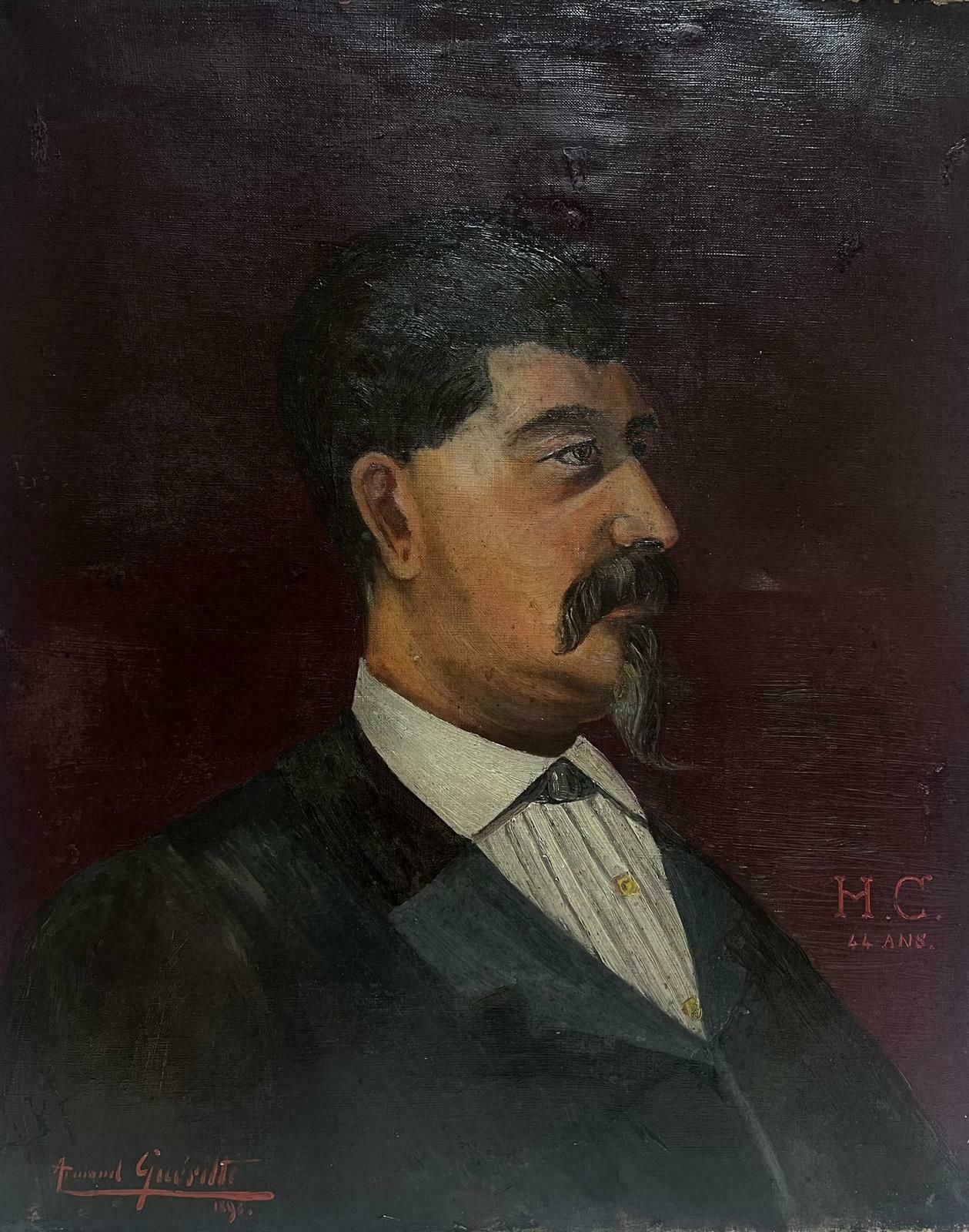 French School 1890's French Portrait Of Character Man Signed & Dated 1896 Titled Oil Painting1896 photo furniture