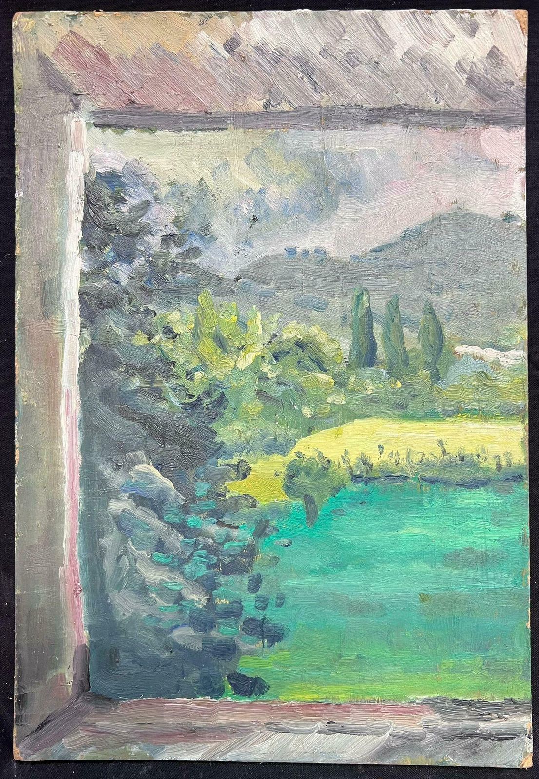 Regine Davidwindow View Of Verdant Landscape Expressive Oil Painting1950's photo vinterior