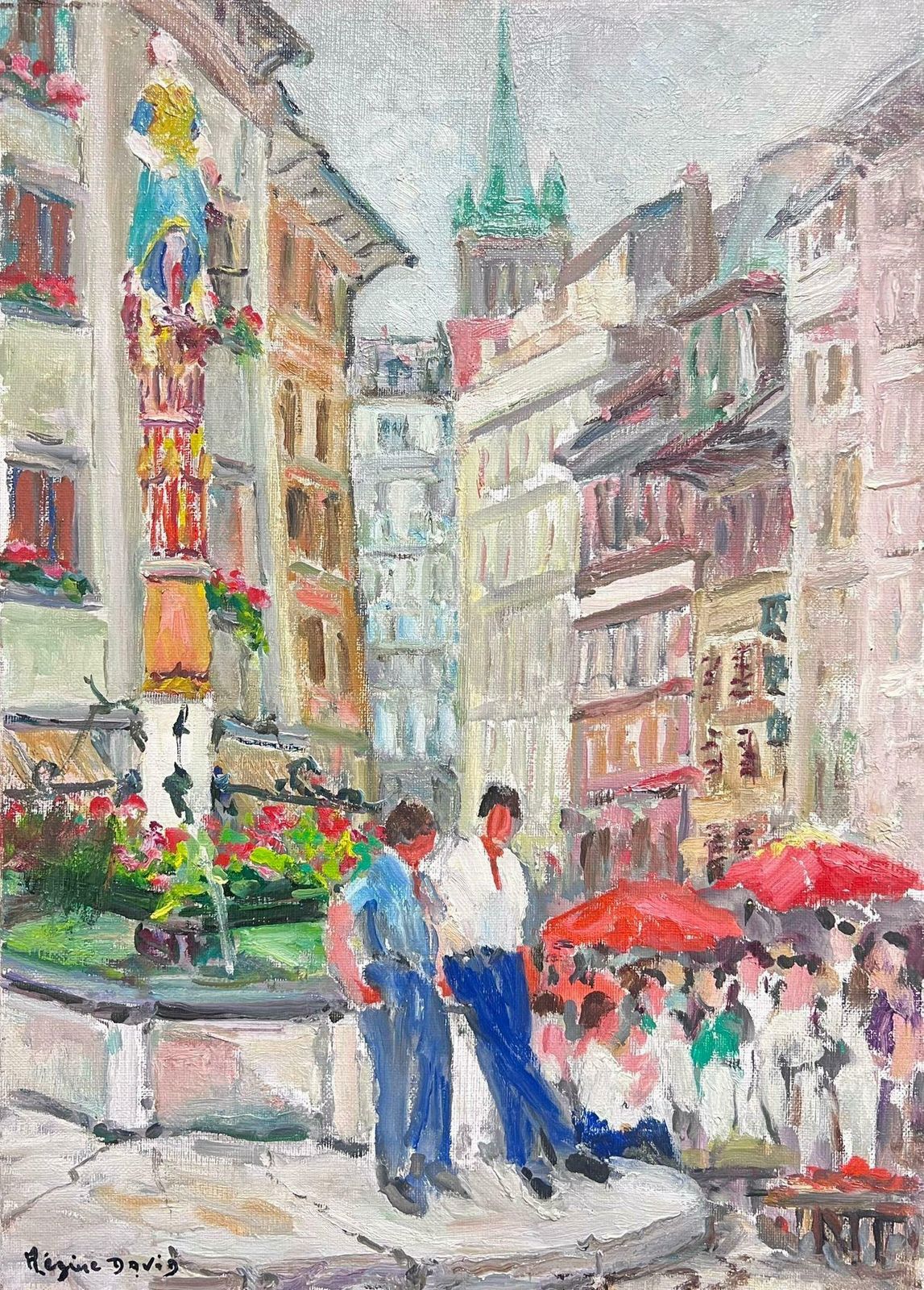 Regine David1950's French Post Impressionist Oil Lausanne Switzerland Old Market Village Sq1950's
