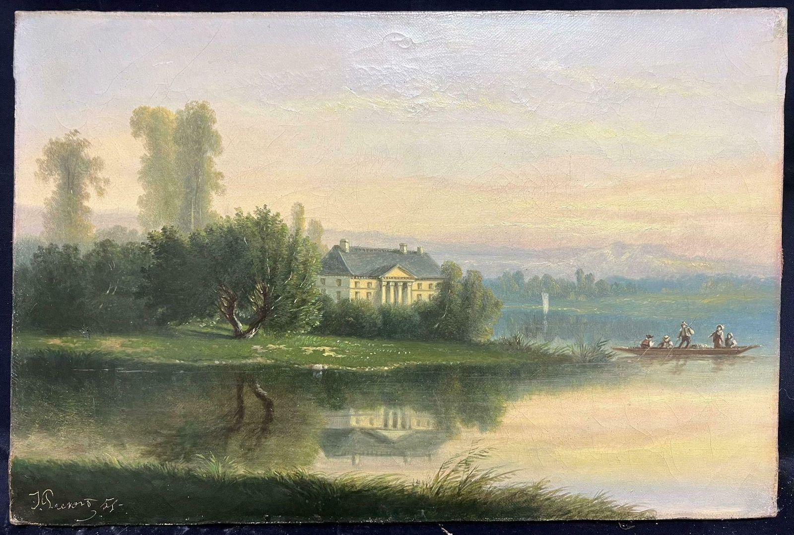 French School19th Century White Chateau Riverside Estate With Boaters Signed French Oil1855 photo furniture