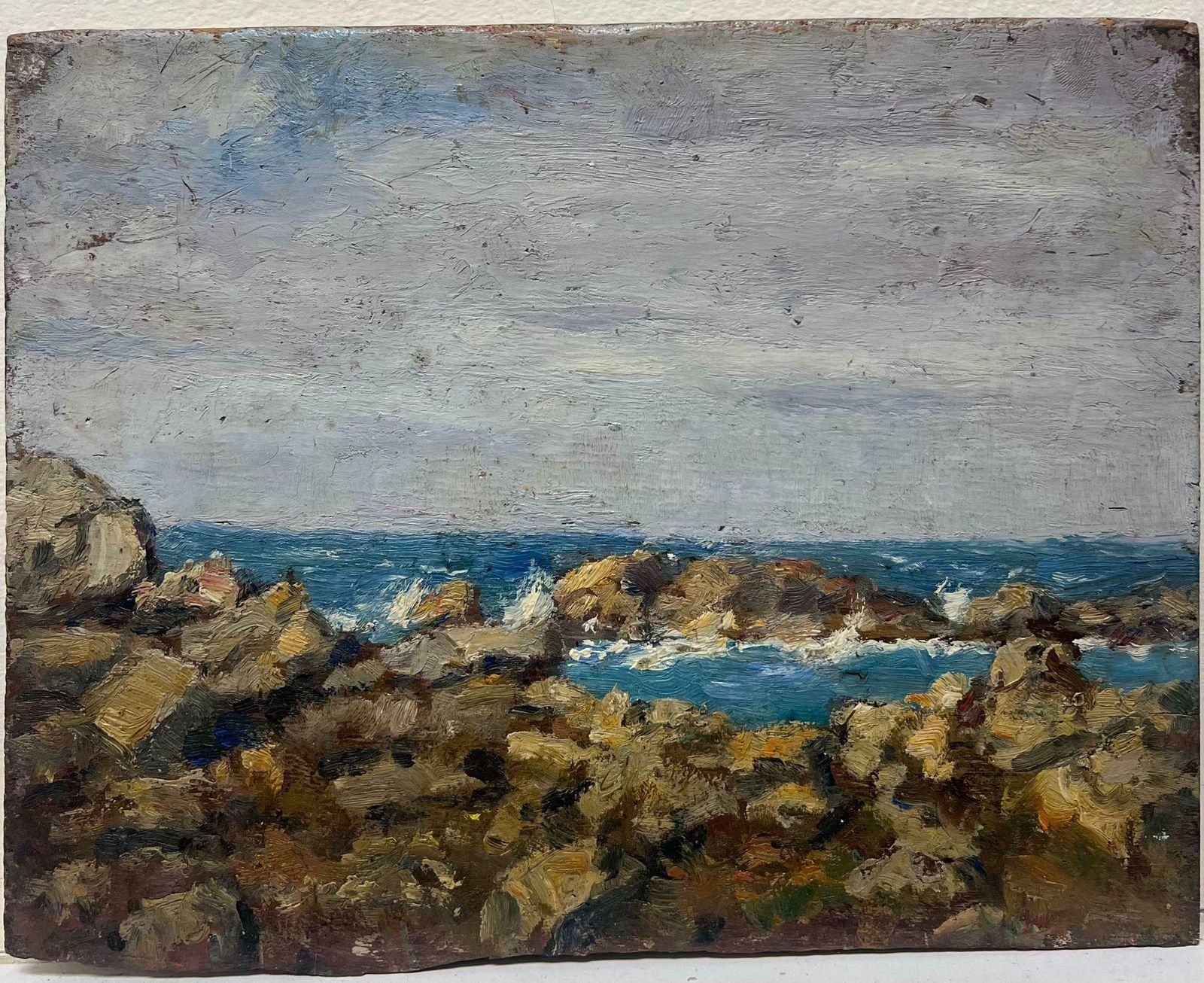 Charles Martin Sauvaigofine Antique French Impressionist Signed Oil Painting Rocky Coastline Beach Sea photo furniture