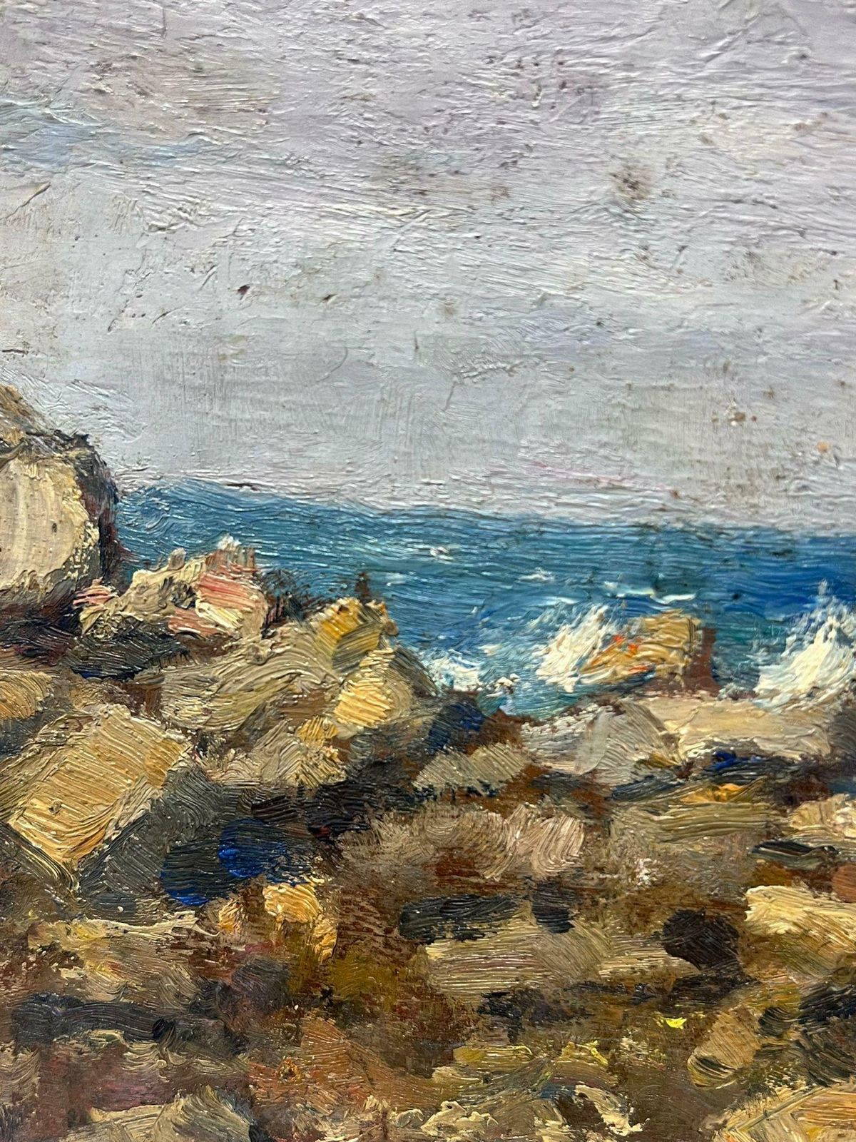 Charles Martin Sauvaigofine Antique French Impressionist Signed Oil Painting Rocky Coastline Beach Sea photo Art