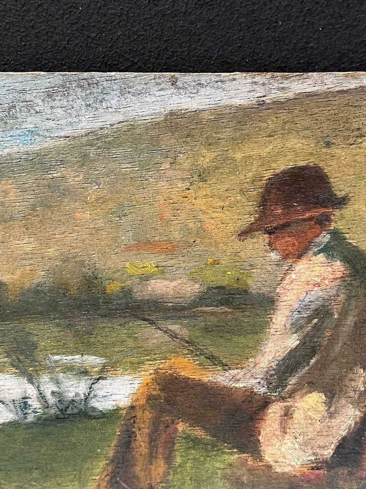 Contemplative Fisherman By River Oil Painting Early 20th C. French Impressionist photo 789.0