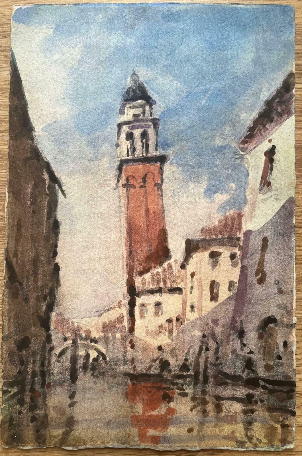 Maurice Mazeiliefrench Impressionist Watercolor Of Venetian Cityscape With Tower And Canal20th Century photo furniture