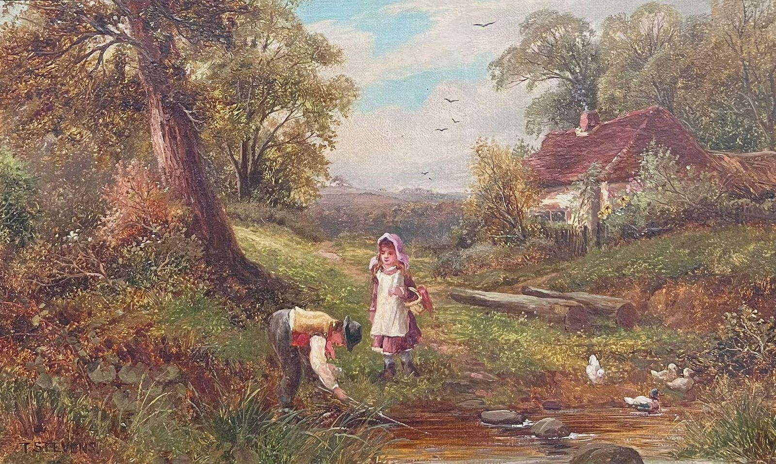 T.Stevens19th Century Country Children Playing By A Stream Victorian English Painting photo furniture