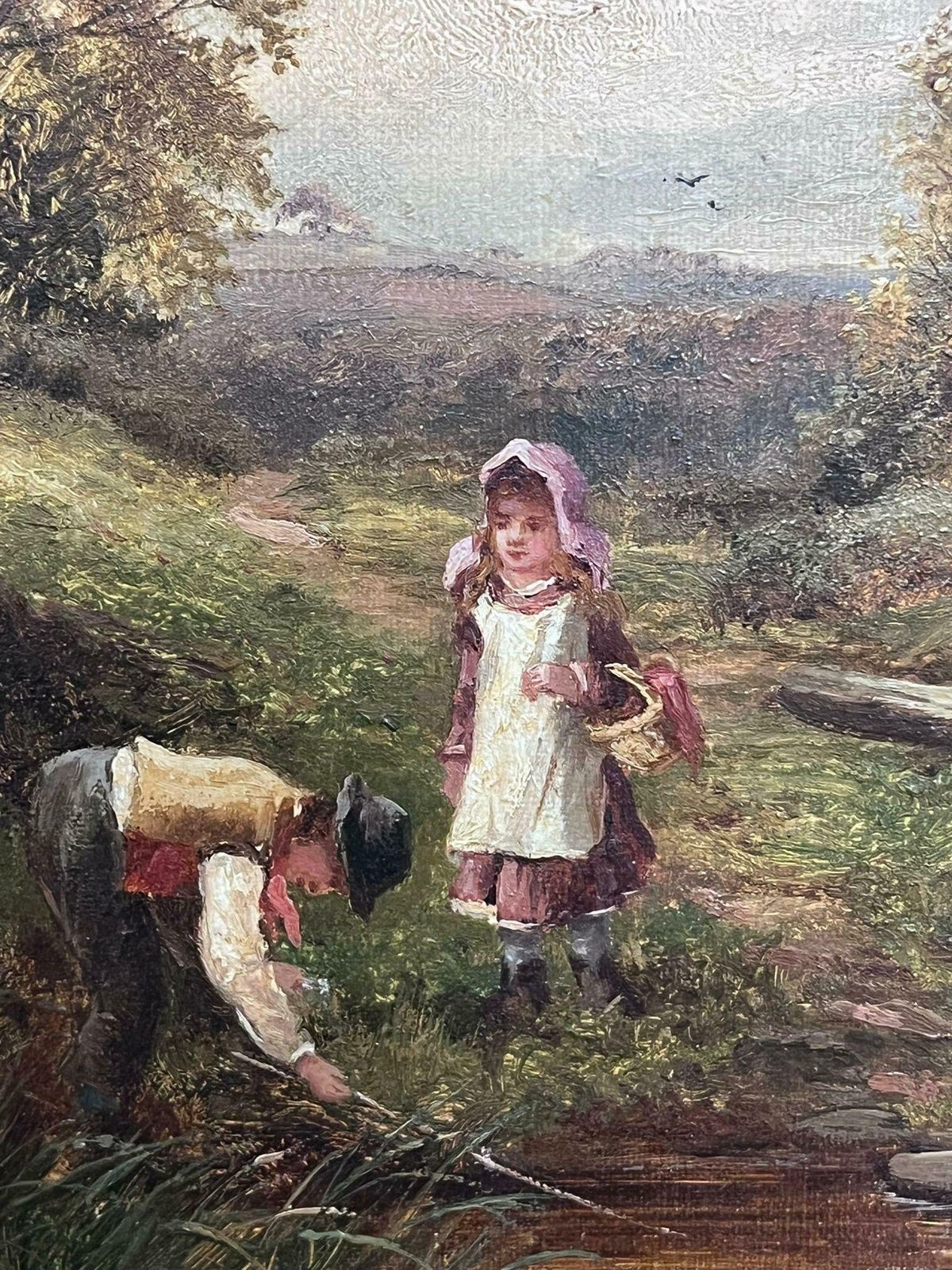 T.Stevens19th Century Country Children Playing By A Stream Victorian English Painting photo vintage