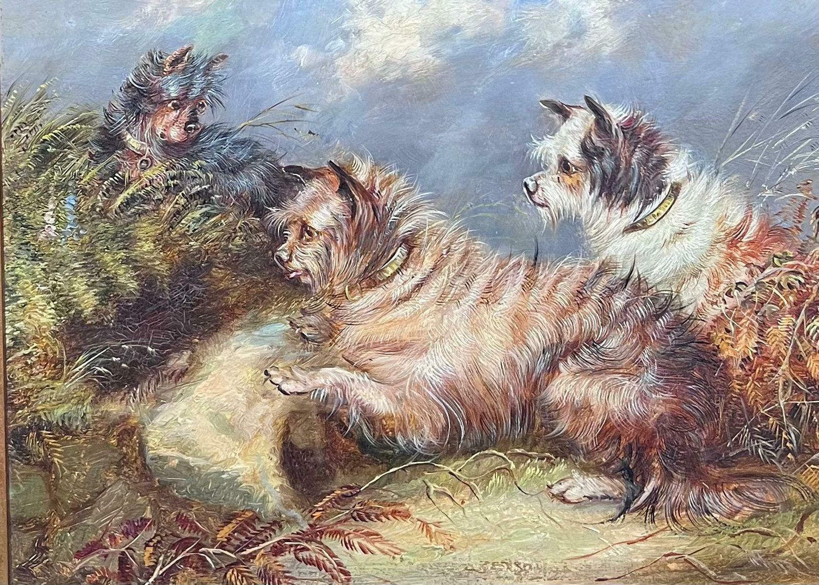 English Dog Paintingfamily Of Three Playful Terrier Dogs In Meadow Vintage English Art Oil Painting