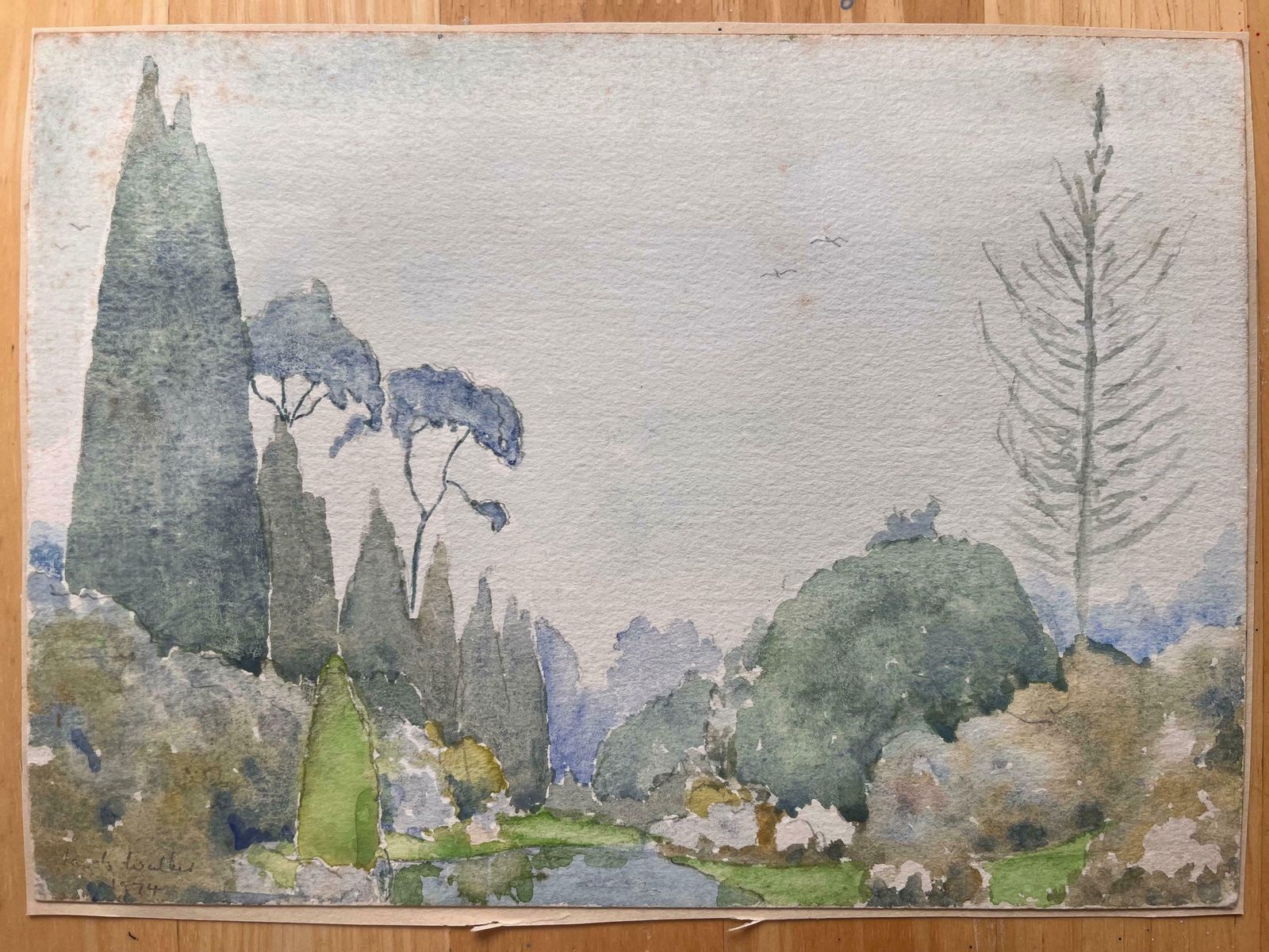 Ian G. Walker Finely Detailed British Watercolor Of A Landscape With Trees And Bushes1974 photo furniture