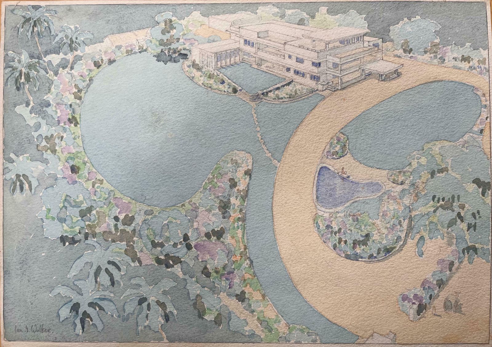 Ian G. Walkerfinely Detailed British Watercolor Topographical Of A Garden At Madras In India20th Century