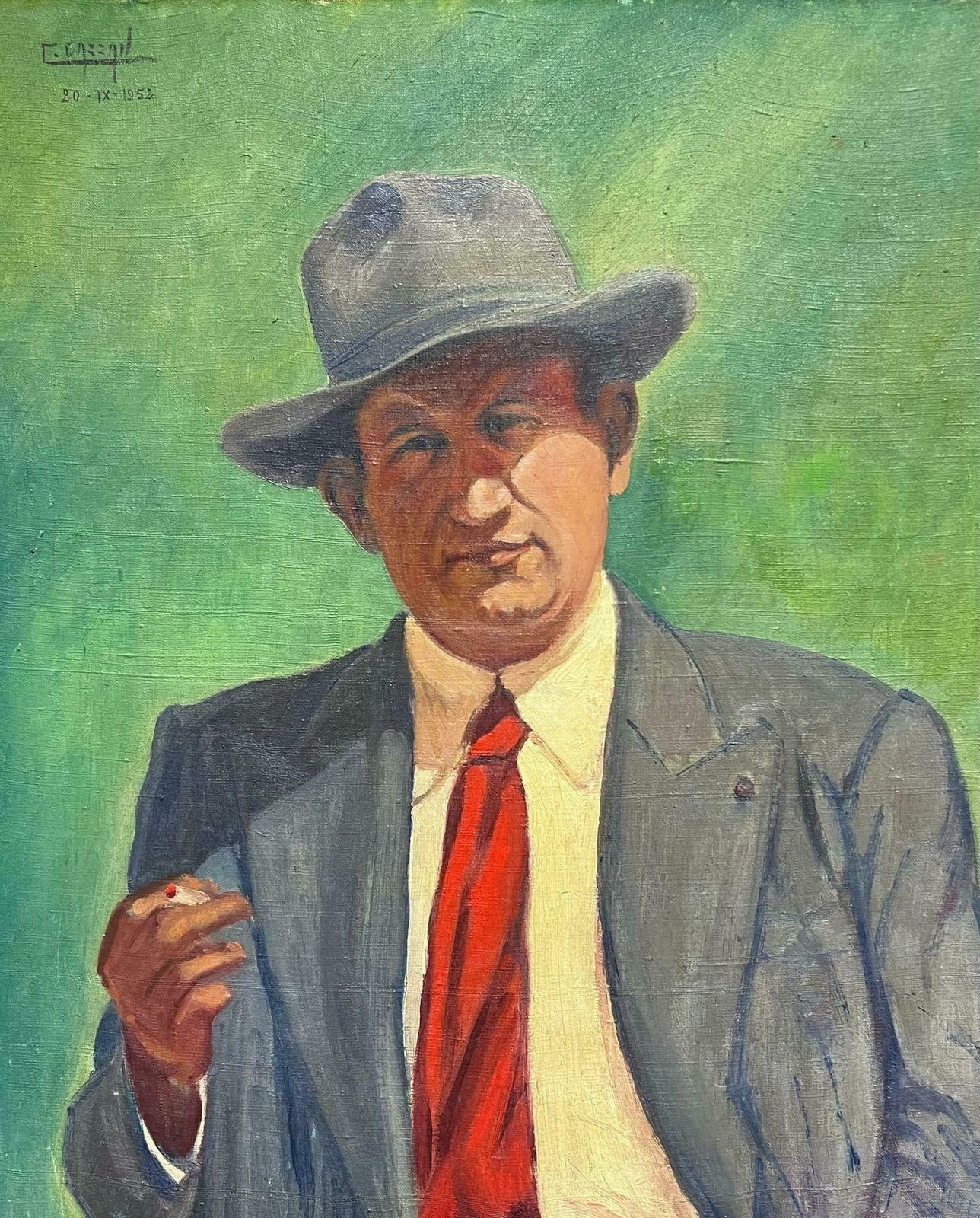 Colbert Cassan1950's Self Portrait Of The Artist In Hat French Signed Oil Painting On Canvas1952