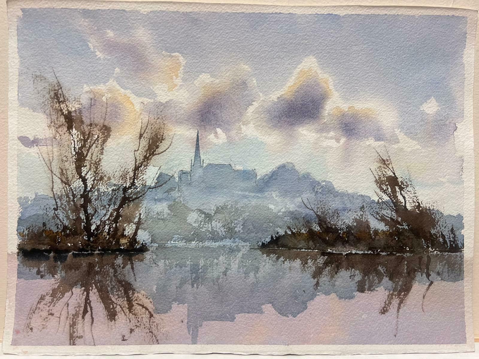 Anthony Averybritish Original Impressionist Watercolor Misty River Landscape Church Town View photo furniture