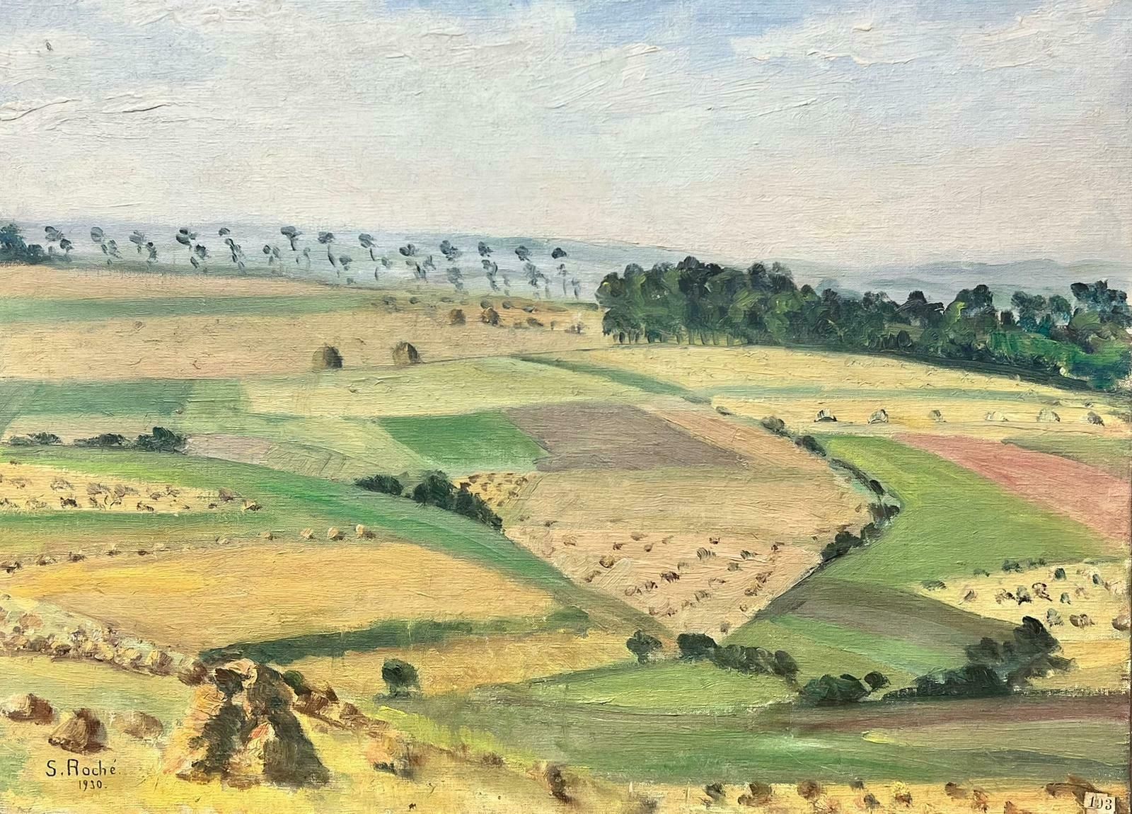 Suzanne Roche1930’s French Impressionist Signed Oil Harvest Fields Haybales Landscape 1930