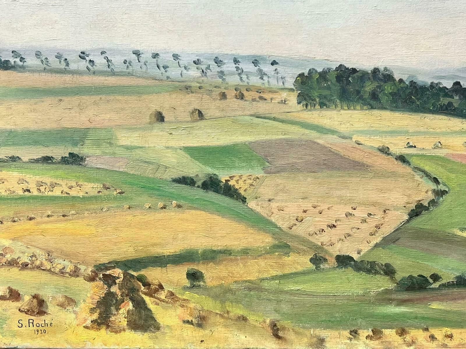 Suzanne Roche1930’s French Impressionist Signed Oil Harvest Fields Haybales Landscape 1930 photo furniture