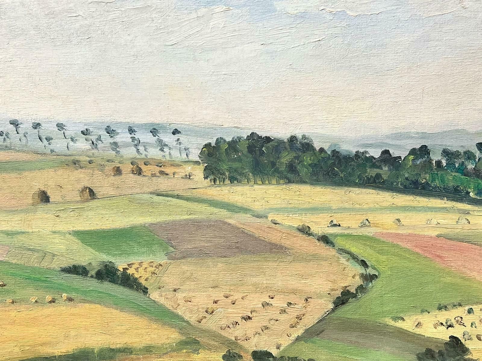 Suzanne Roche1930’s French Impressionist Signed Oil Harvest Fields Haybales Landscape 1930 photo for sale