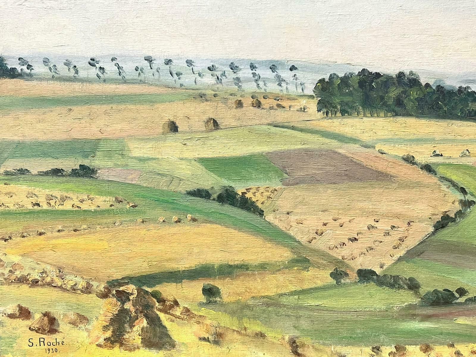 Suzanne Roche1930’s French Impressionist Signed Oil Harvest Fields Haybales Landscape 1930 photo Art