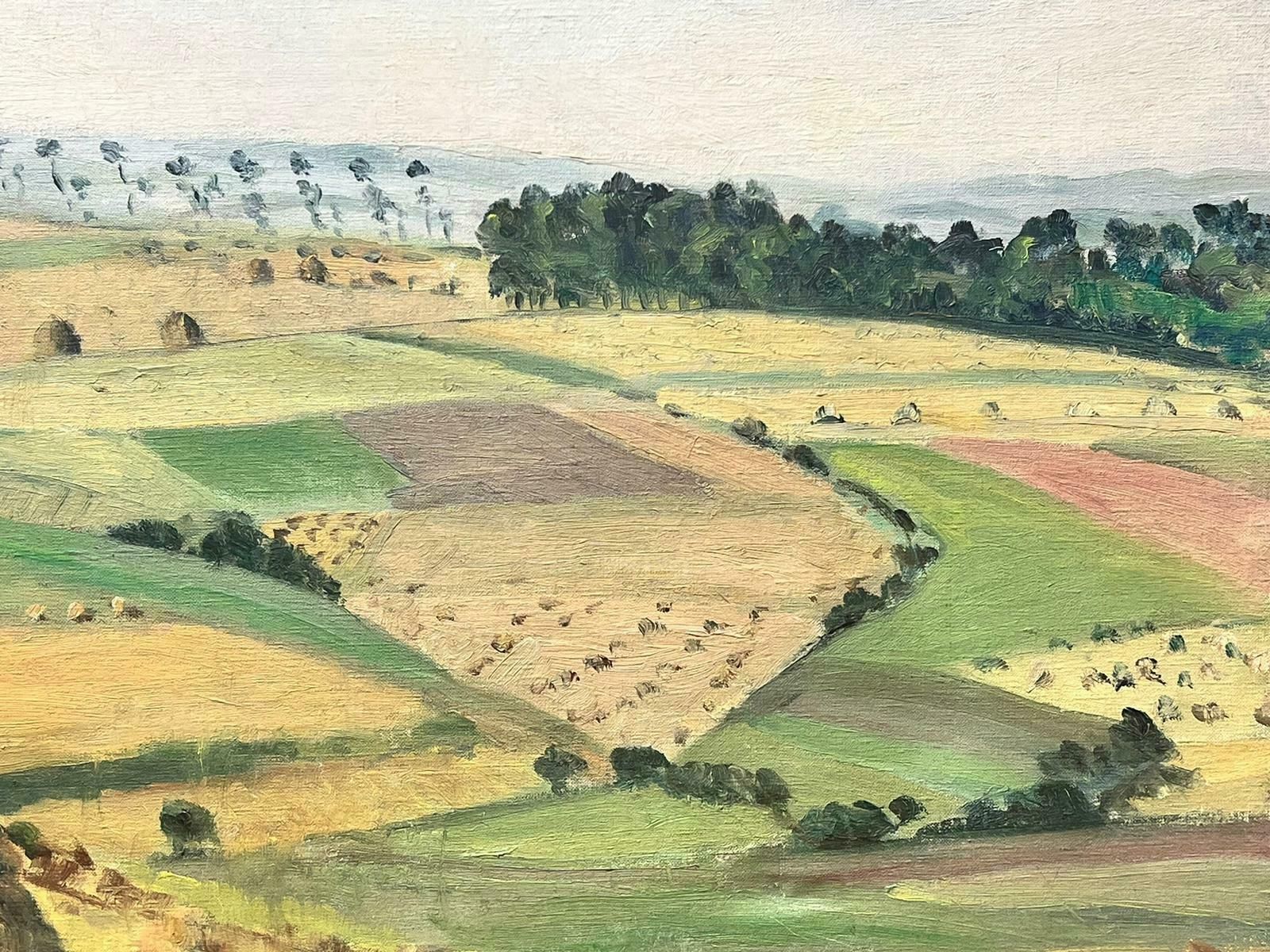 Suzanne Roche1930’s French Impressionist Signed Oil Harvest Fields Haybales Landscape 1930 photo vinterior