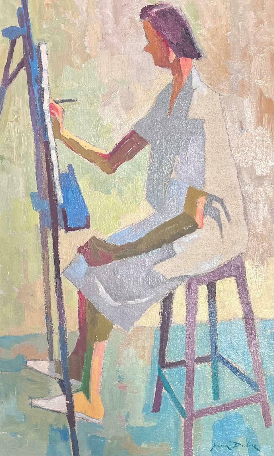 Jean Dulac1950s French Post Impressionist Oil Painting Self Portrait Artist At Easel photo Art