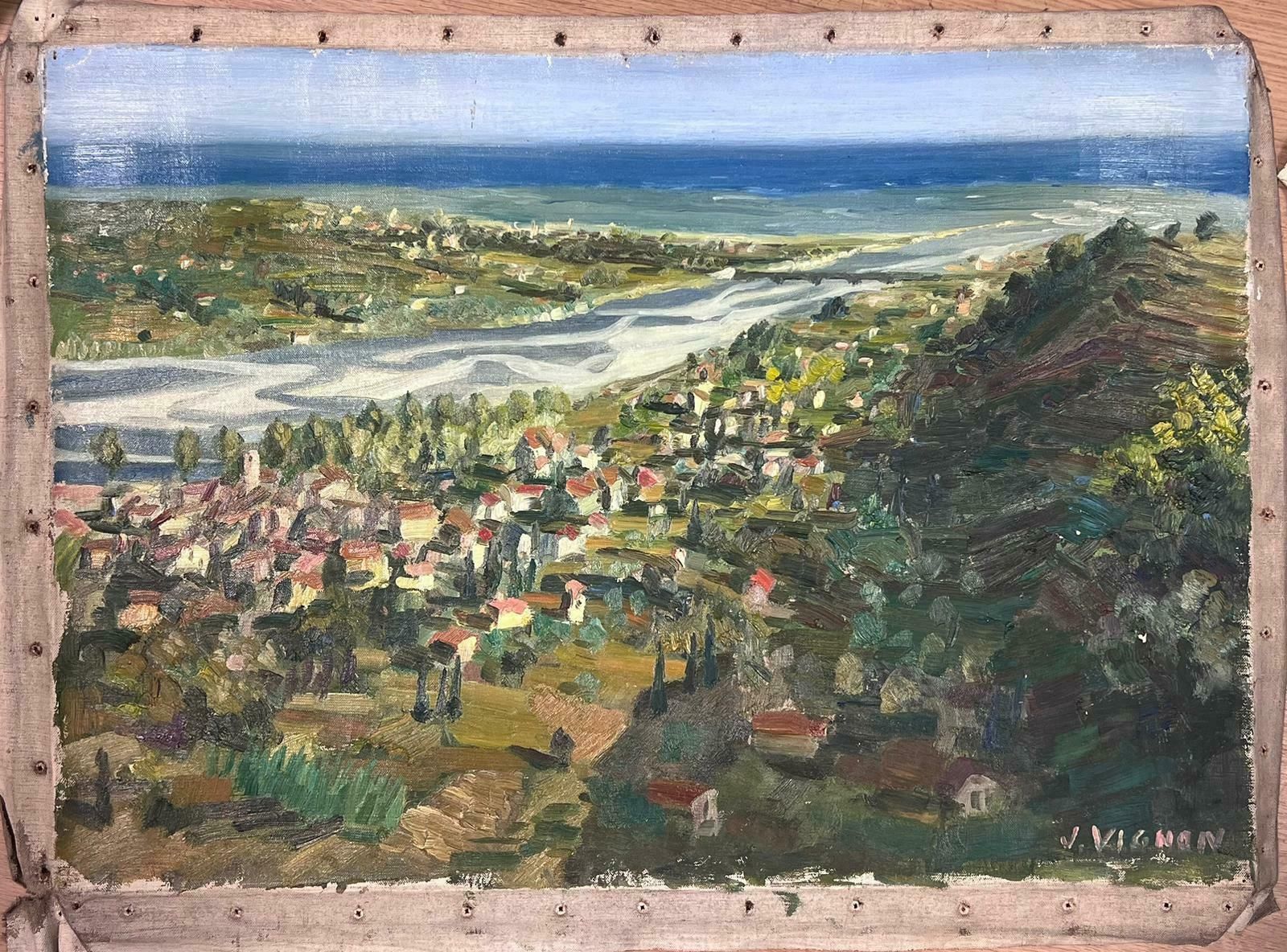 Josine Vignon1950s French Post Impressionist Signed Provencal Village Wide View Coast Line 1950s photo furniture