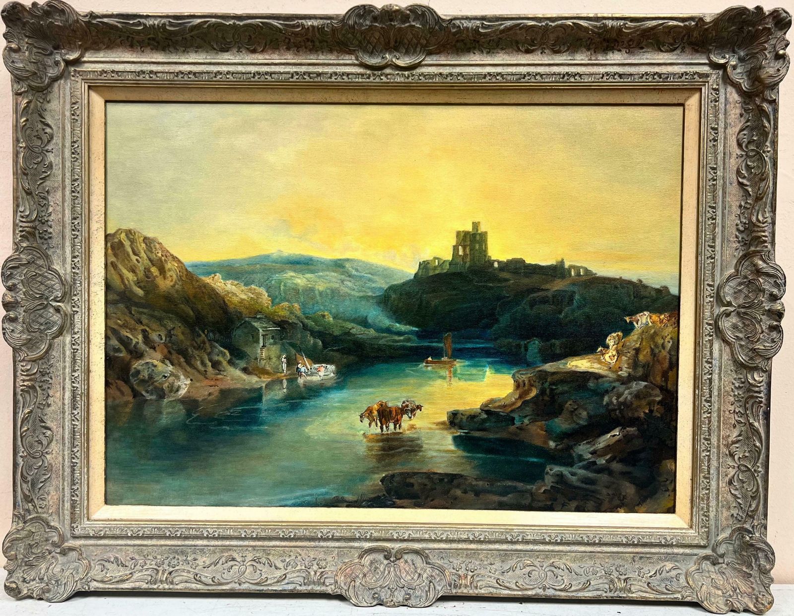 English Schoolsunset Over Mountain Lakes Cattle Watering From Water Large Tranquil Oil Canvas