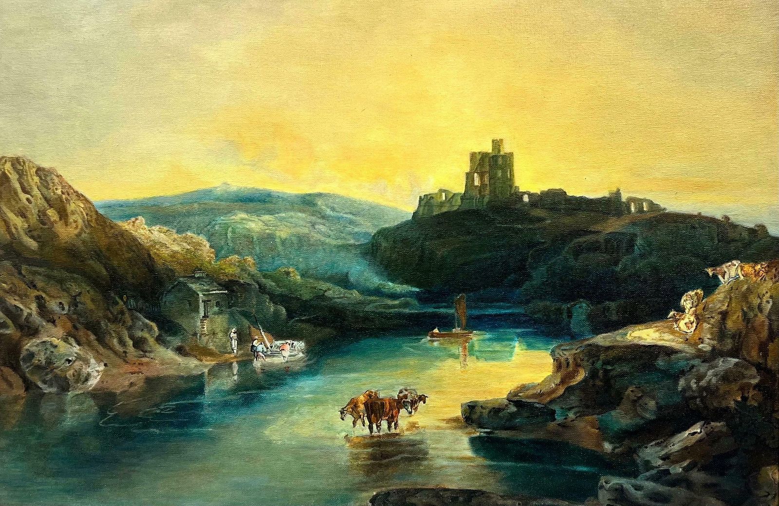 English Schoolsunset Over Mountain Lakes Cattle Watering From Water Large Tranquil Oil Canvas photo furniture