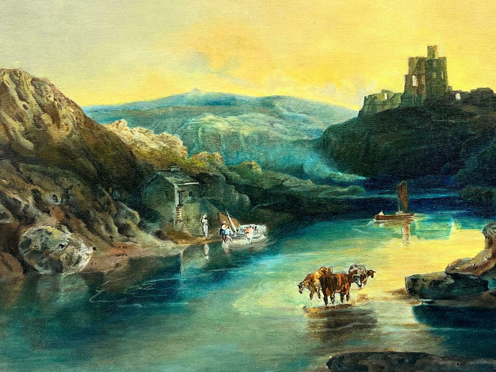 English Schoolsunset Over Mountain Lakes Cattle Watering From Water Large Tranquil Oil Canvas photo 1529.0
