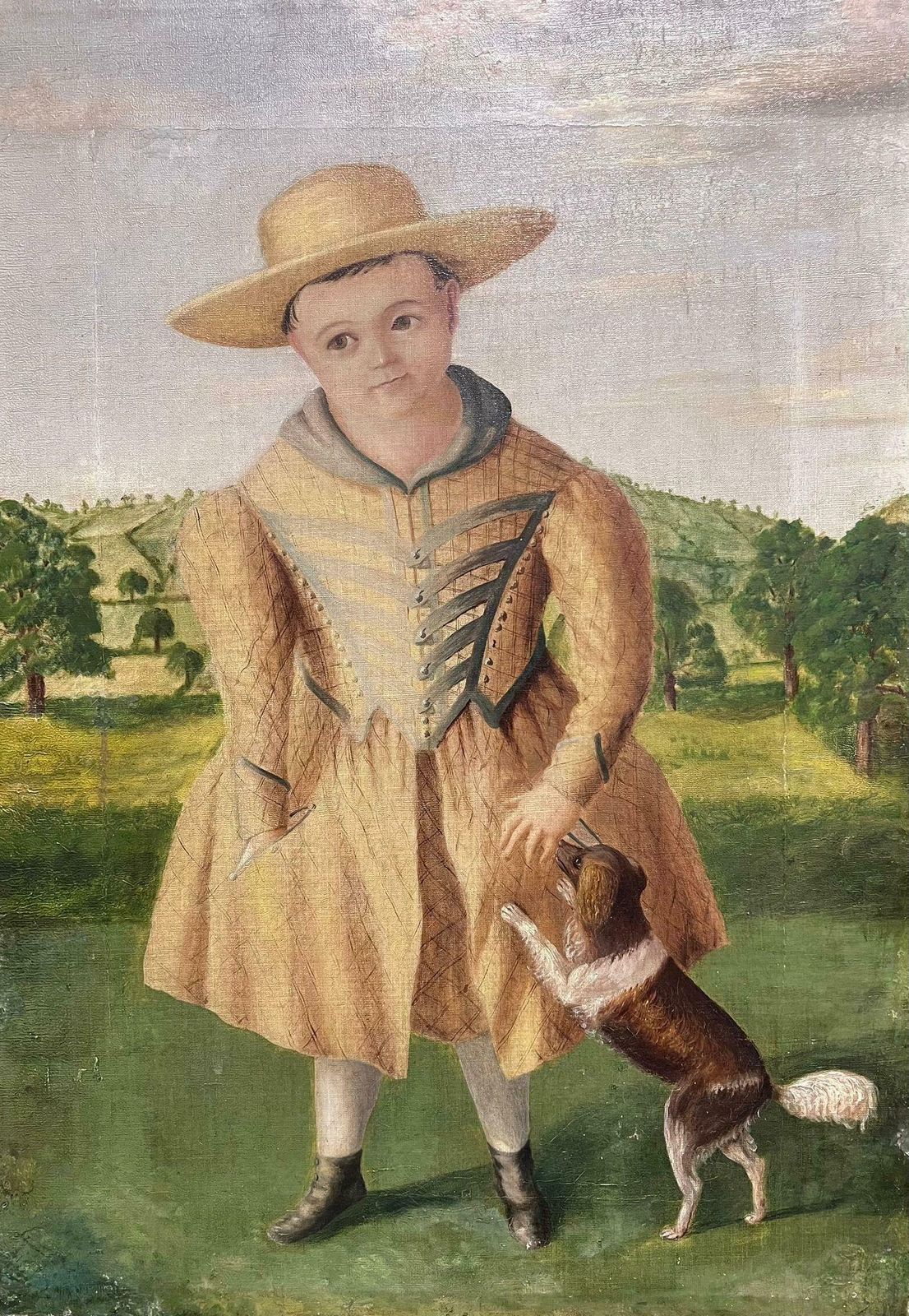 19th Century American Folk Artmid 19th Century American Folk Art Portrait Of Child With Dog In Landscape, Oil
