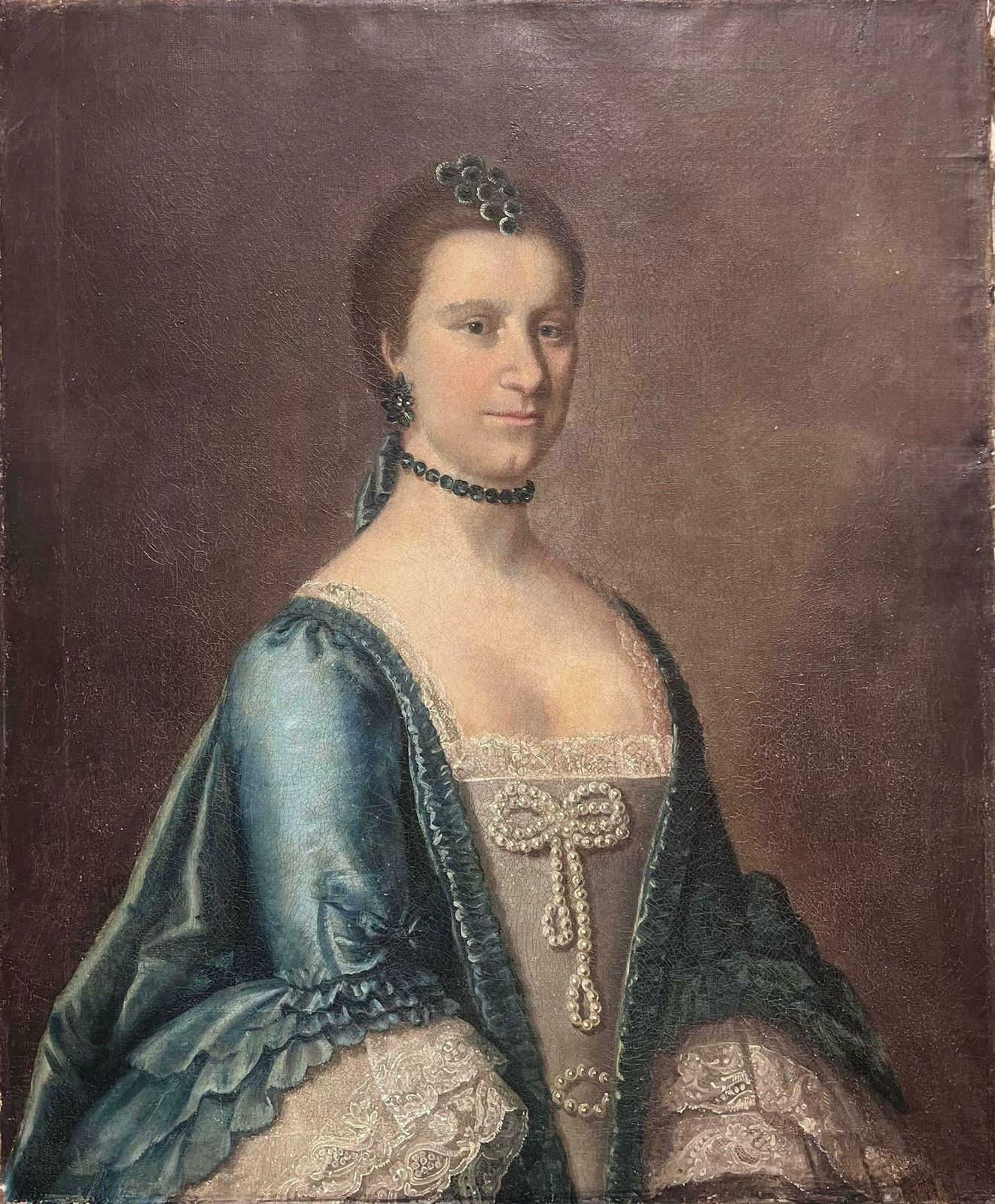 Large 18th Century English Oil Painting Portrait Of Aristocratic Lady In Blue photo furniture