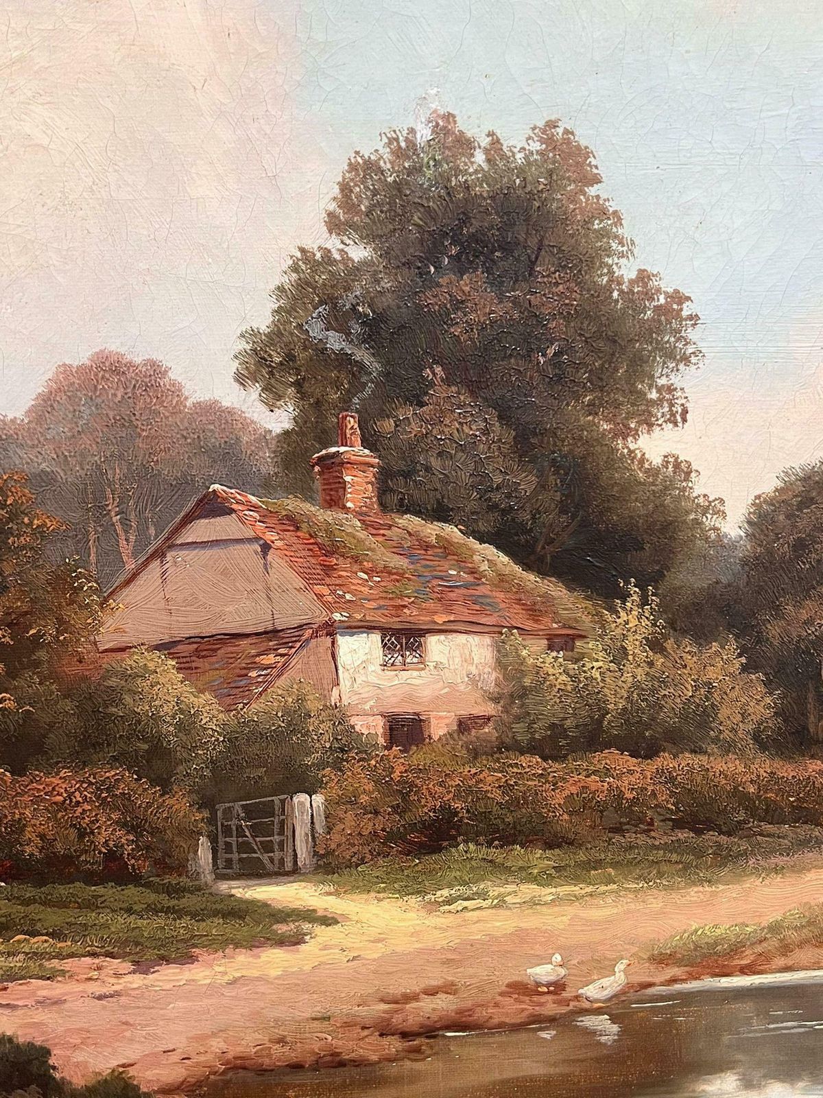 photo furniture Victorian English Oil 19th Century English Signed Oil Painting Cottage By The Village Duck Pond 18961896