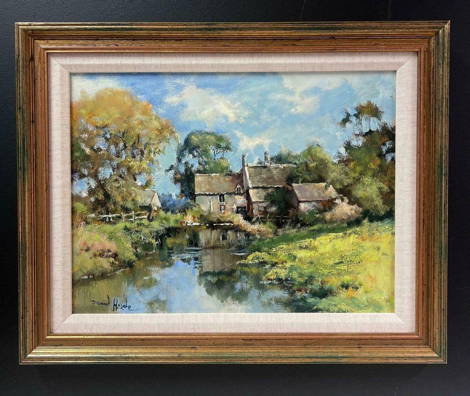David Hydeenglish Impressionist Signed Oil Painting Water Mill House In Summer Meadowsc.2000 photo for sale