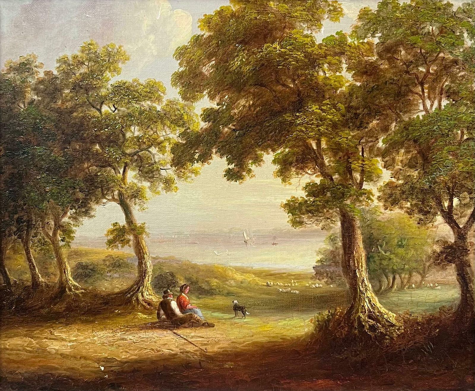 19th Century English Schoolantique English Oil Painting Figures Resting By River Woodland Landscape