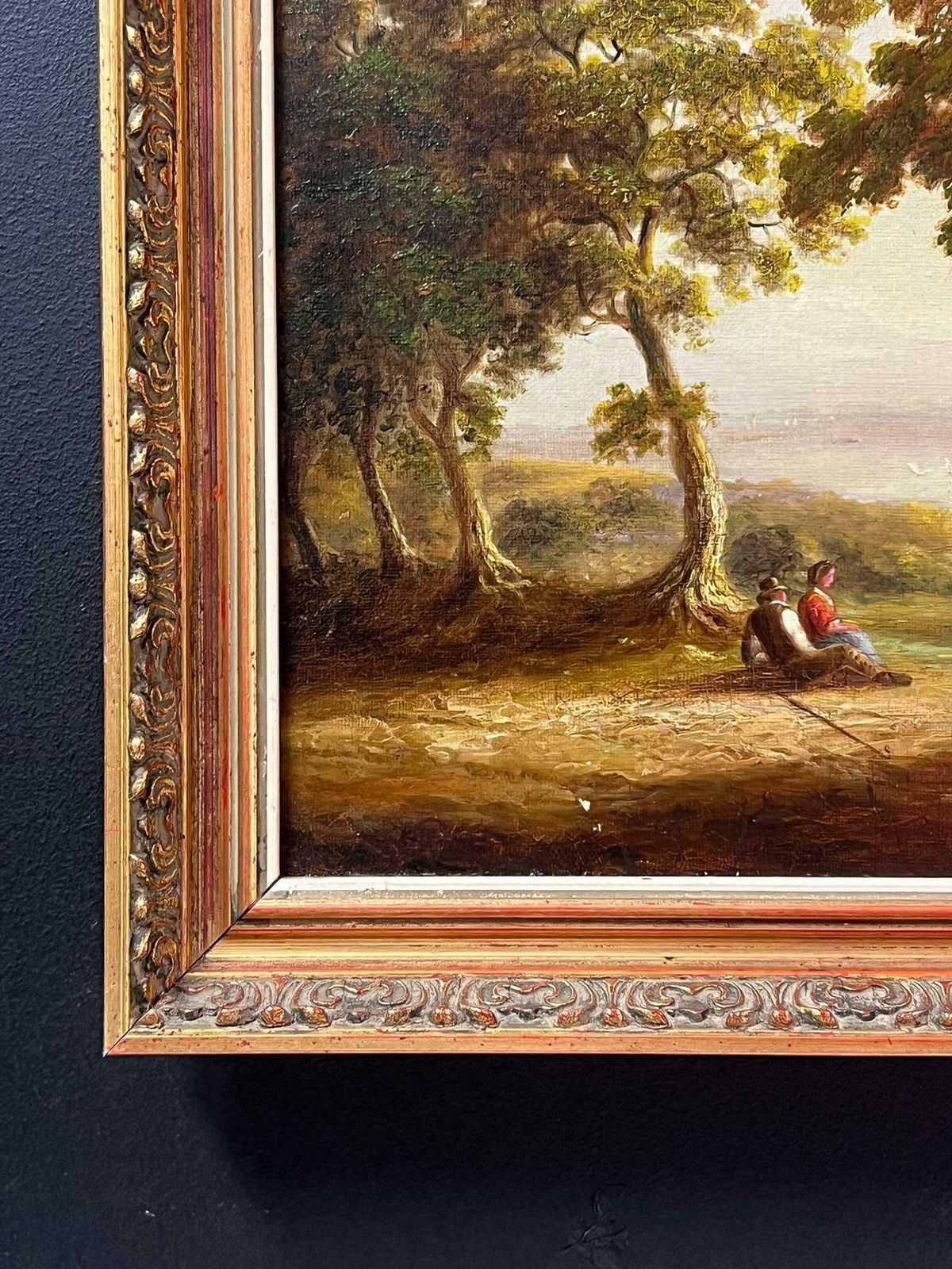 19th Century English Schoolantique English Oil Painting Figures Resting By River Woodland Landscape photo vinterior