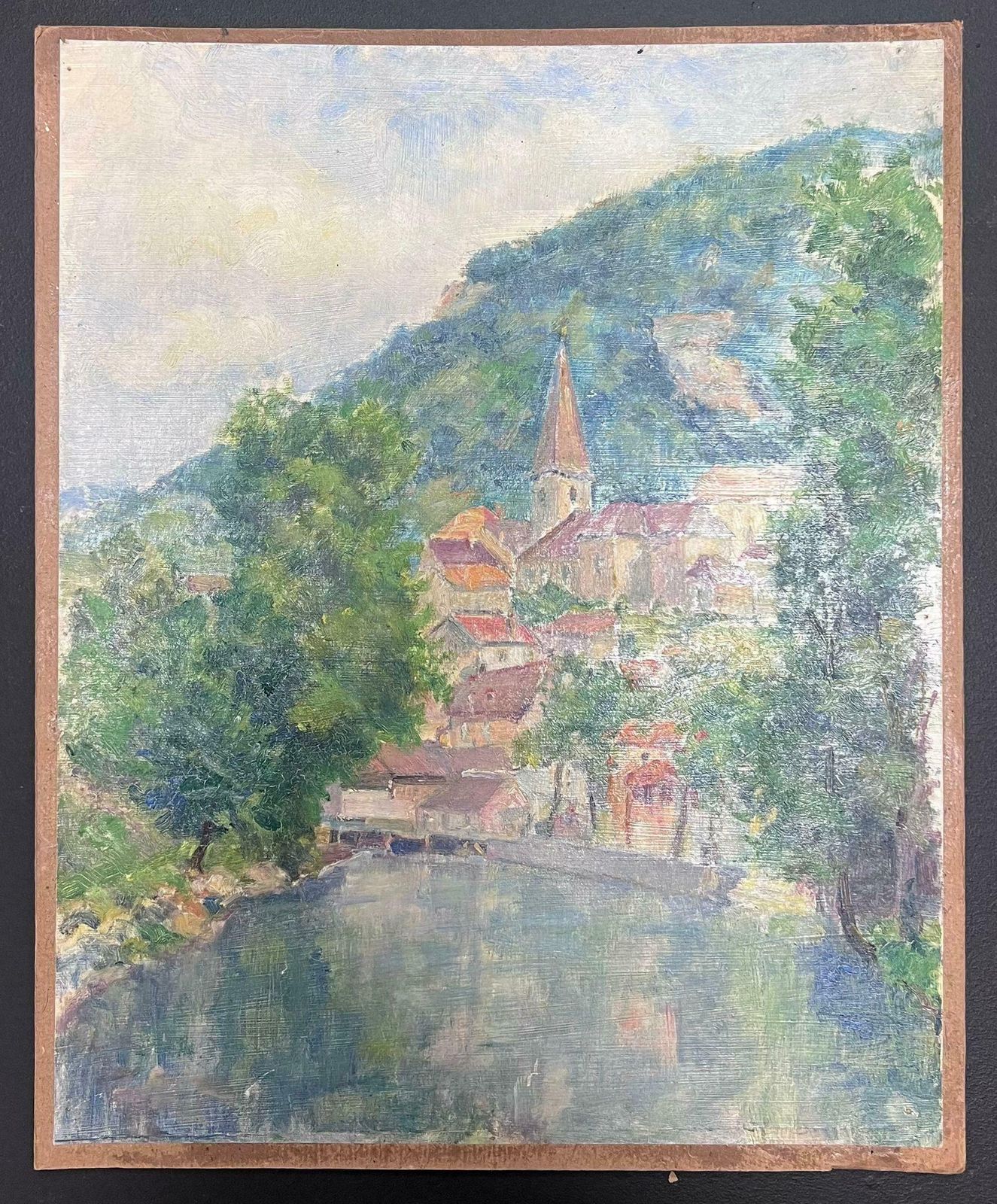 Regine Davidmid 20th Century 1950's French Post Impressionist Oil River Landscape Old Town1950's photo for sale