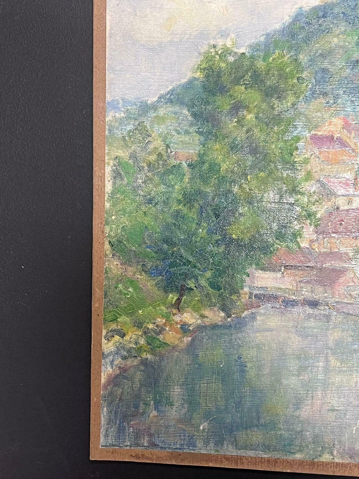 Regine Davidmid 20th Century 1950's French Post Impressionist Oil River Landscape Old Town1950's photo Art