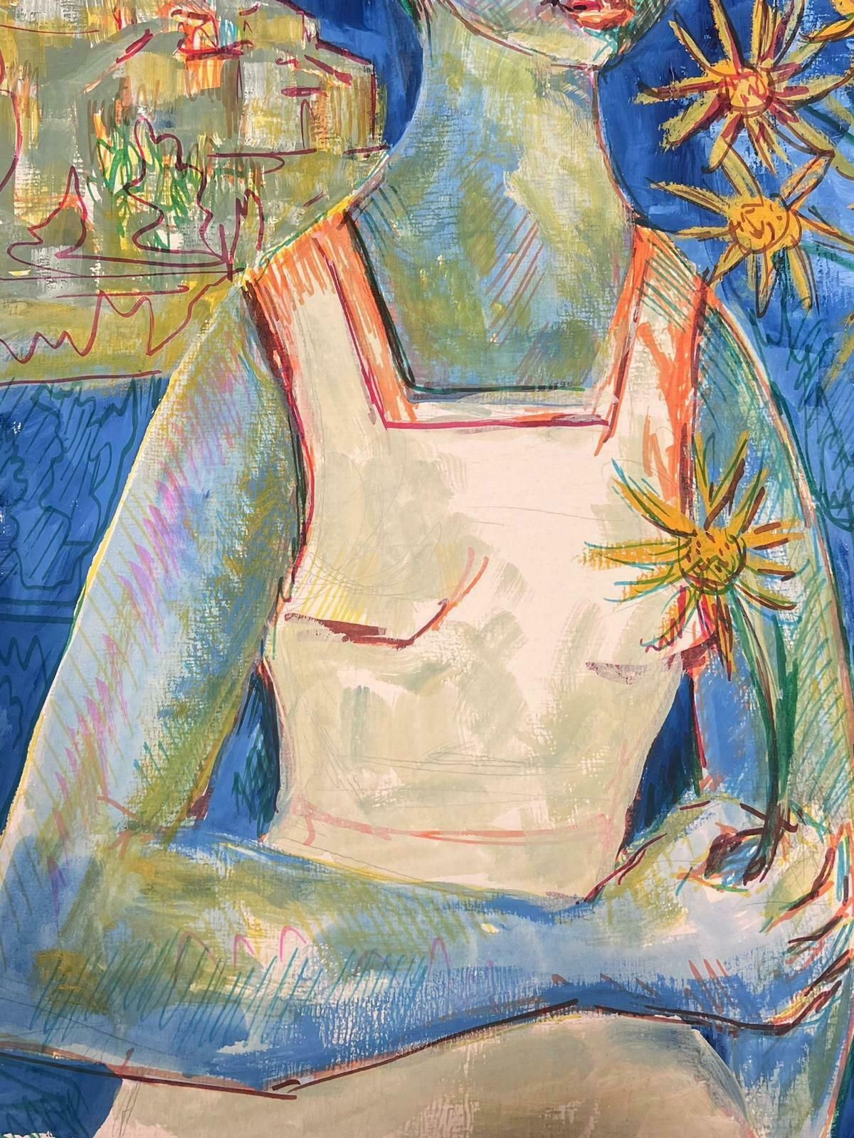 Bernard Labbe1950's Modernist Painting Blonde Lady Holding Sun Flowers In Blue Scenery1950's photo for sale