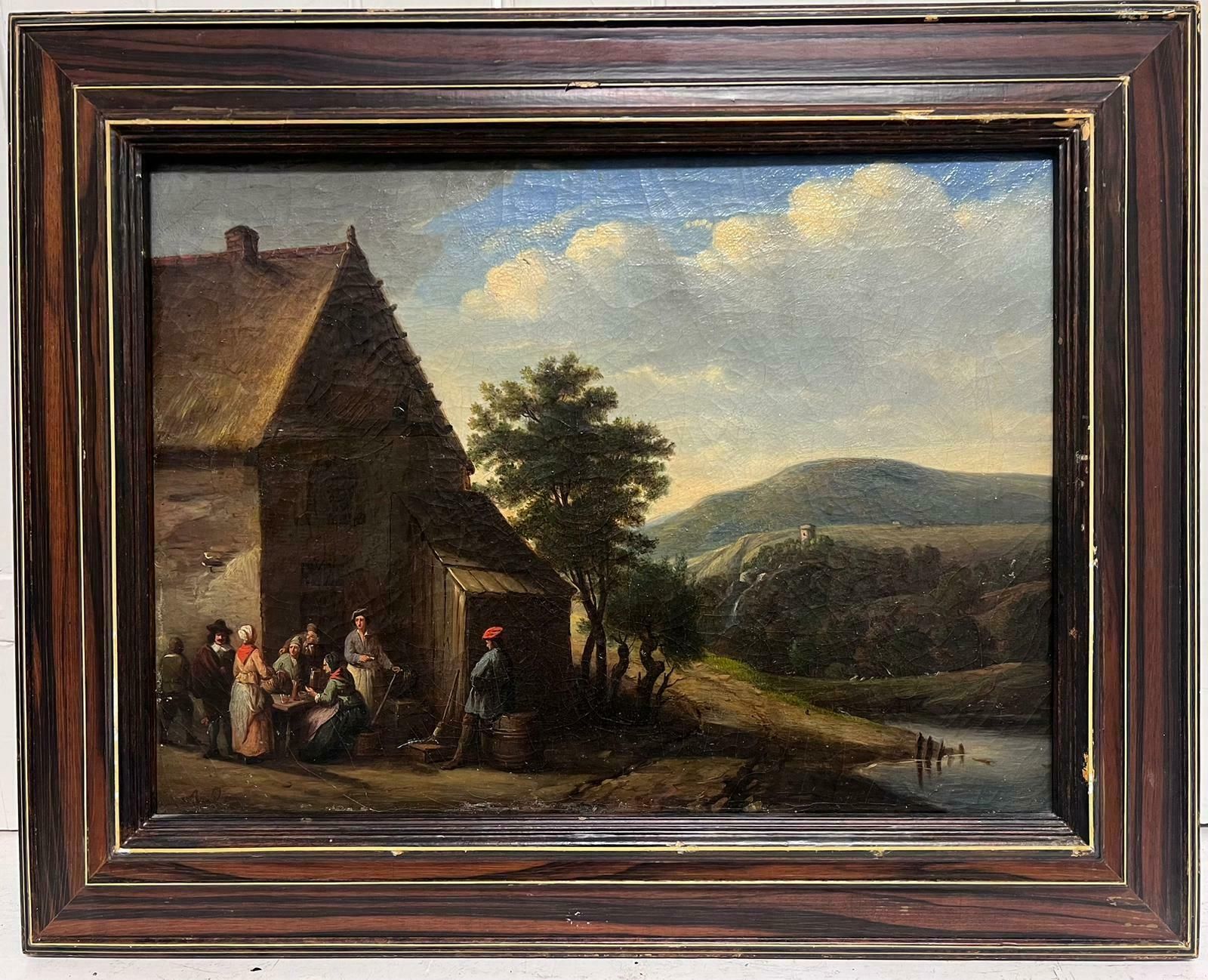19th Century Dutch Or Flemish Schoolfigures Chatting Outside Village Tavern In Mountain Landscape, Period Oil photo furniture