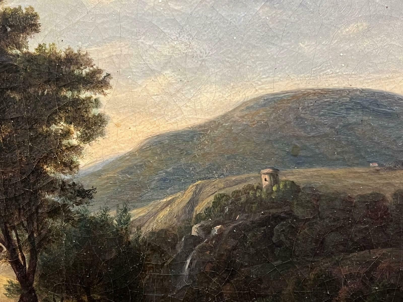 19th Century Dutch Or Flemish Schoolfigures Chatting Outside Village Tavern In Mountain Landscape, Period Oil photo for sale