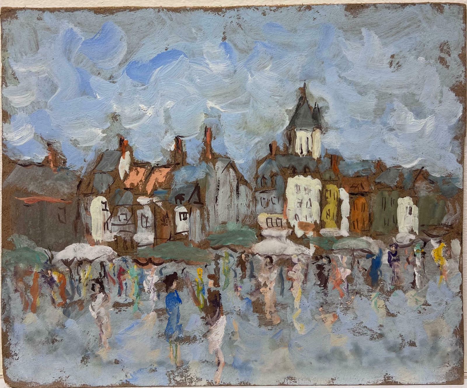 Fanch Lelfigures In The Rain In Charming Village Original French Painting 20th Century photo furniture