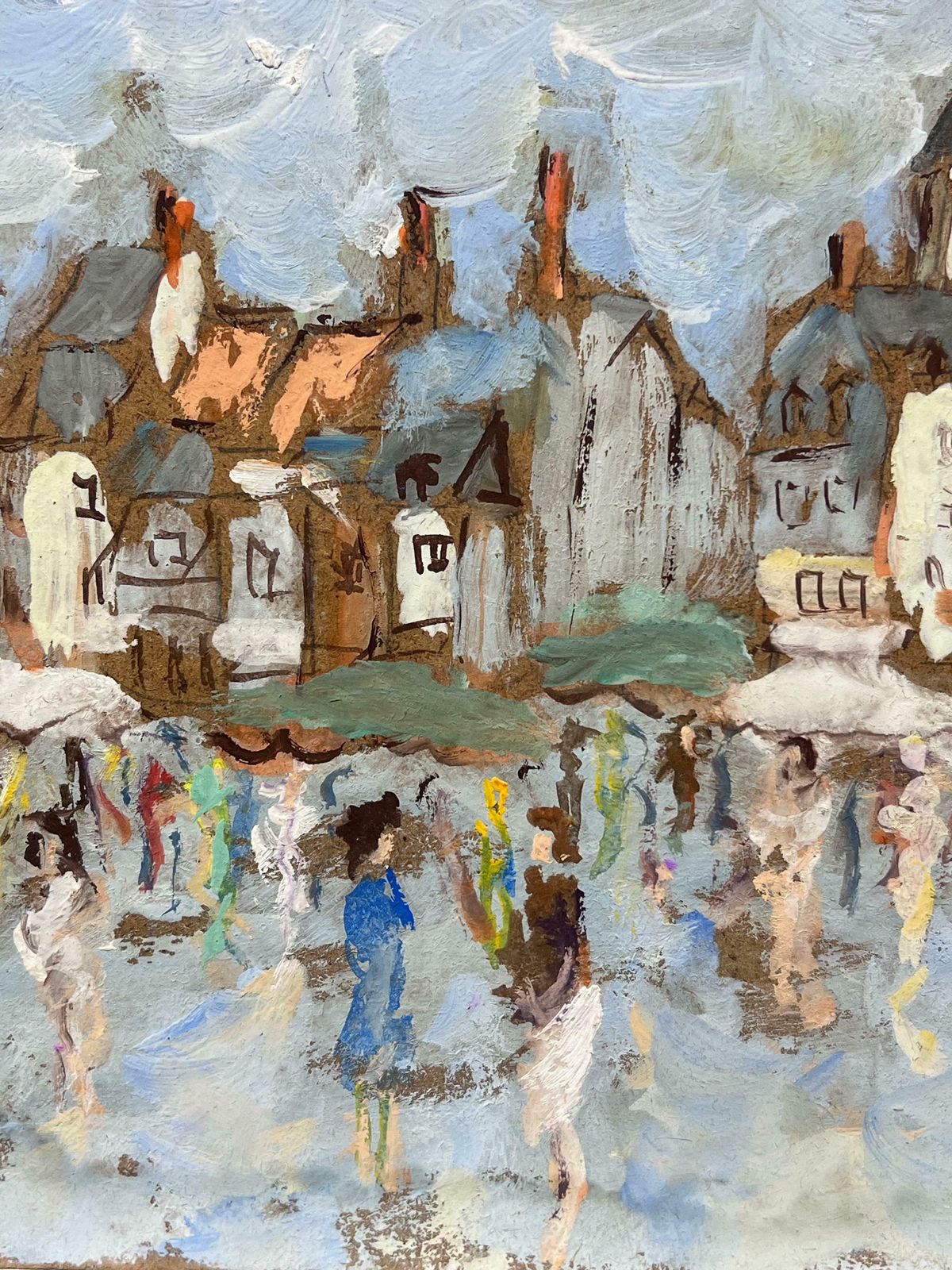 Fanch Lelfigures In The Rain In Charming Village Original French Painting 20th Century photo 382.0