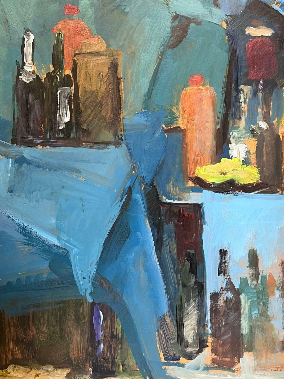 Guy Nicod French 20th Century Modernist Wine Bottles In Blue Interior Painting photo furniture