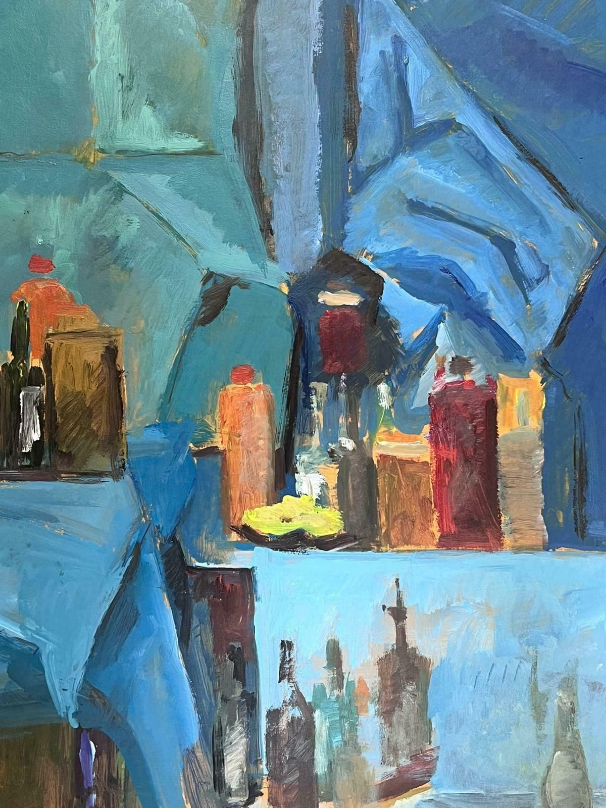 Guy Nicod French 20th Century Modernist Wine Bottles In Blue Interior Painting photo for sale