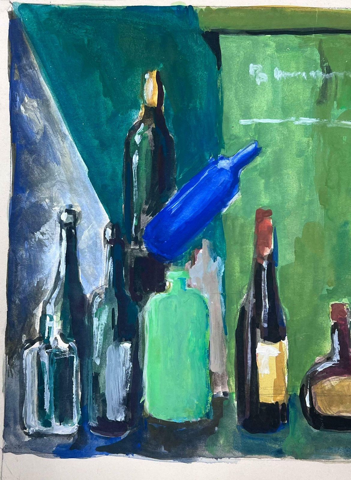 Guy Nicod 1970's French Modernist Still Life Wine Bottles Green Background photo for sale