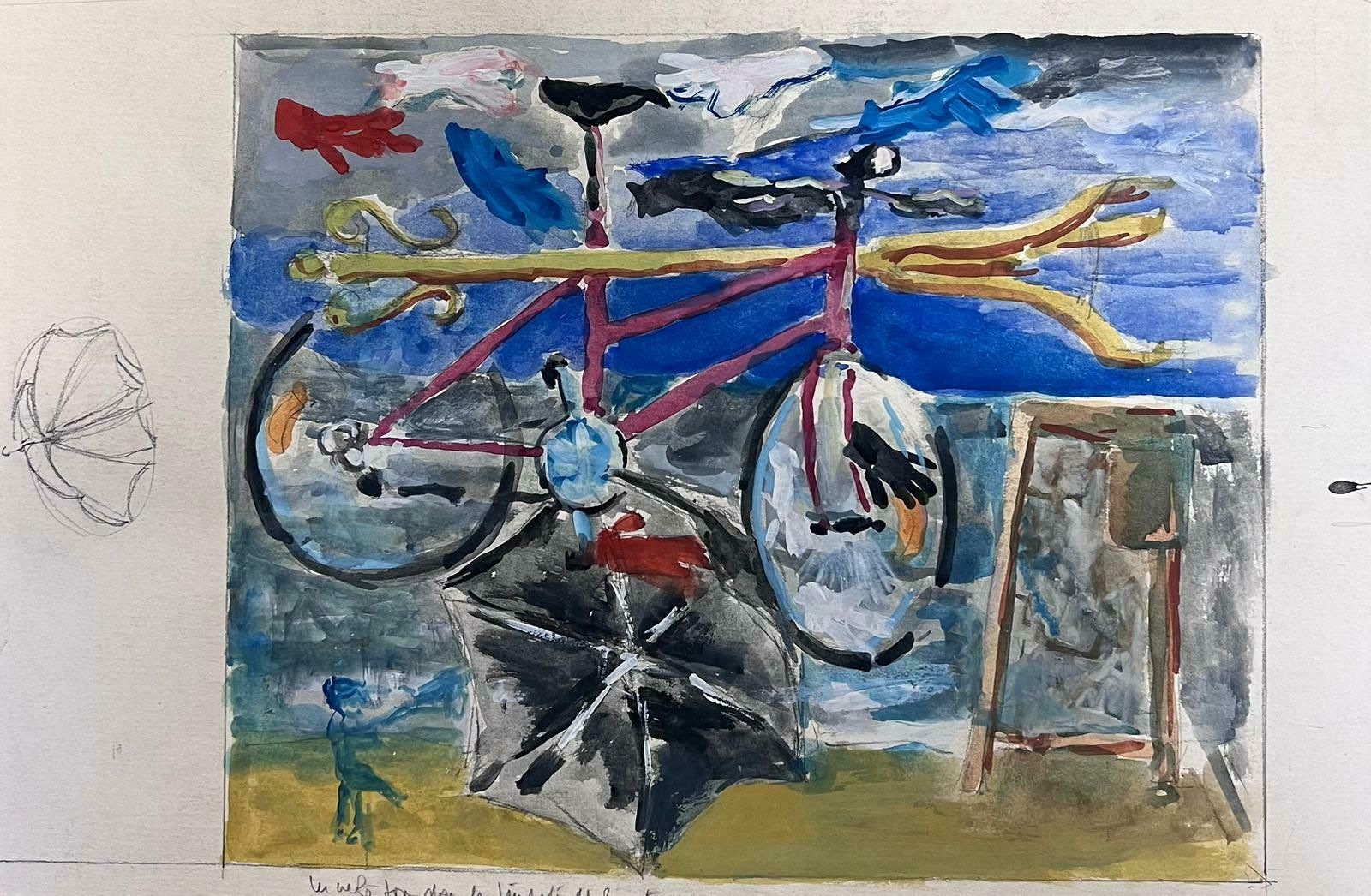 Guy Nicod French 20th Century Surrealist Modernist Painting Bicycle & Umbrella photo furniture