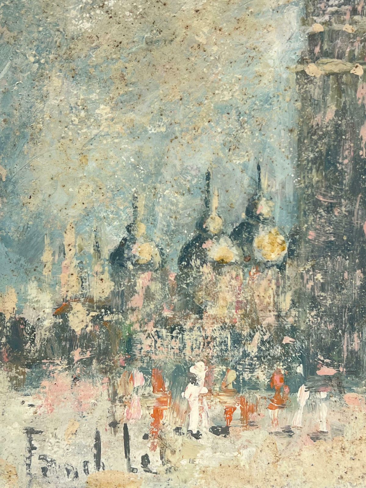 Fanch Lelfigures In Misty Cityscape View Of A Historic Tower And Cathedral Domes Oil 20th Century photo Art